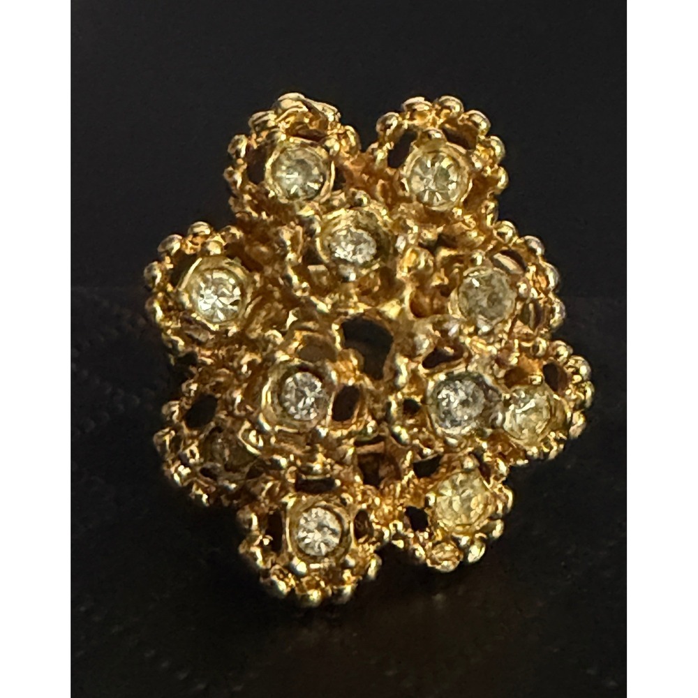 Vintage Ring Brutalist Cluster Rhinestone Gold Plated